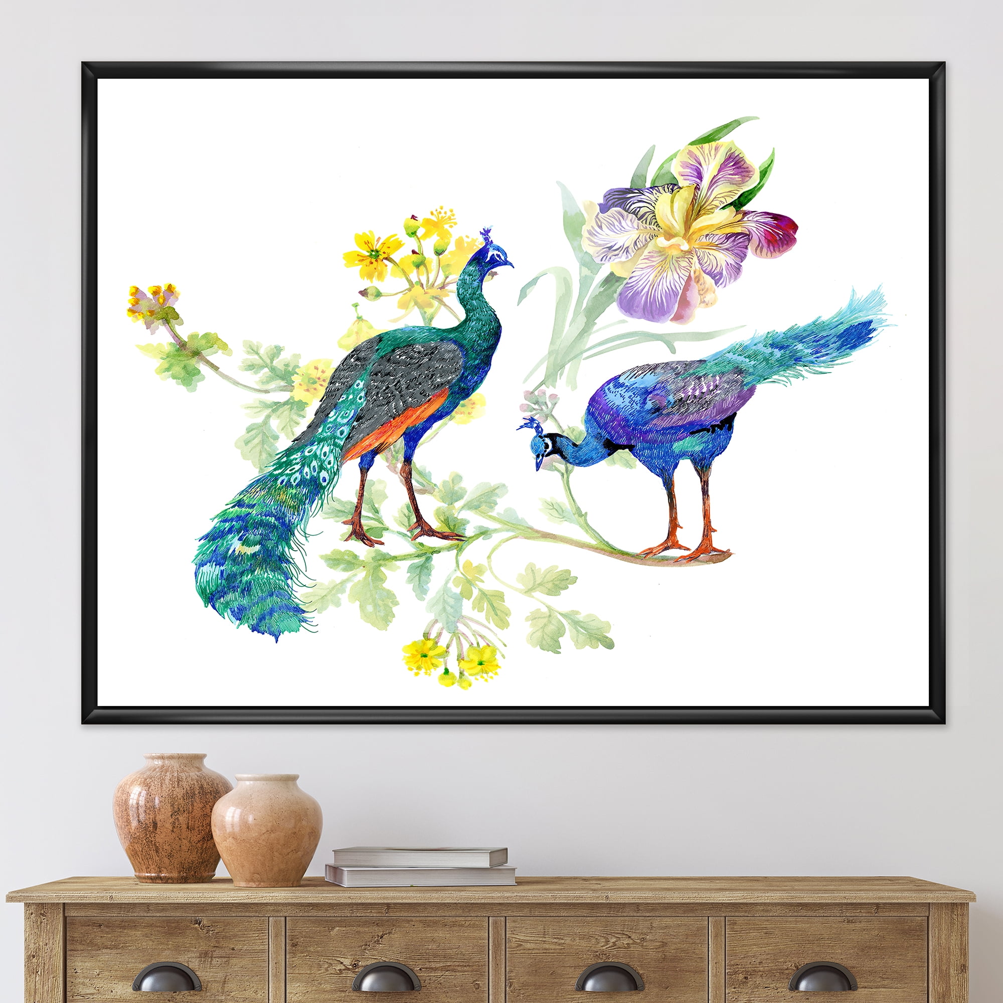 Designart 'Iris Flowers and Peacocks' Traditional Framed Canvas Wall Art Print