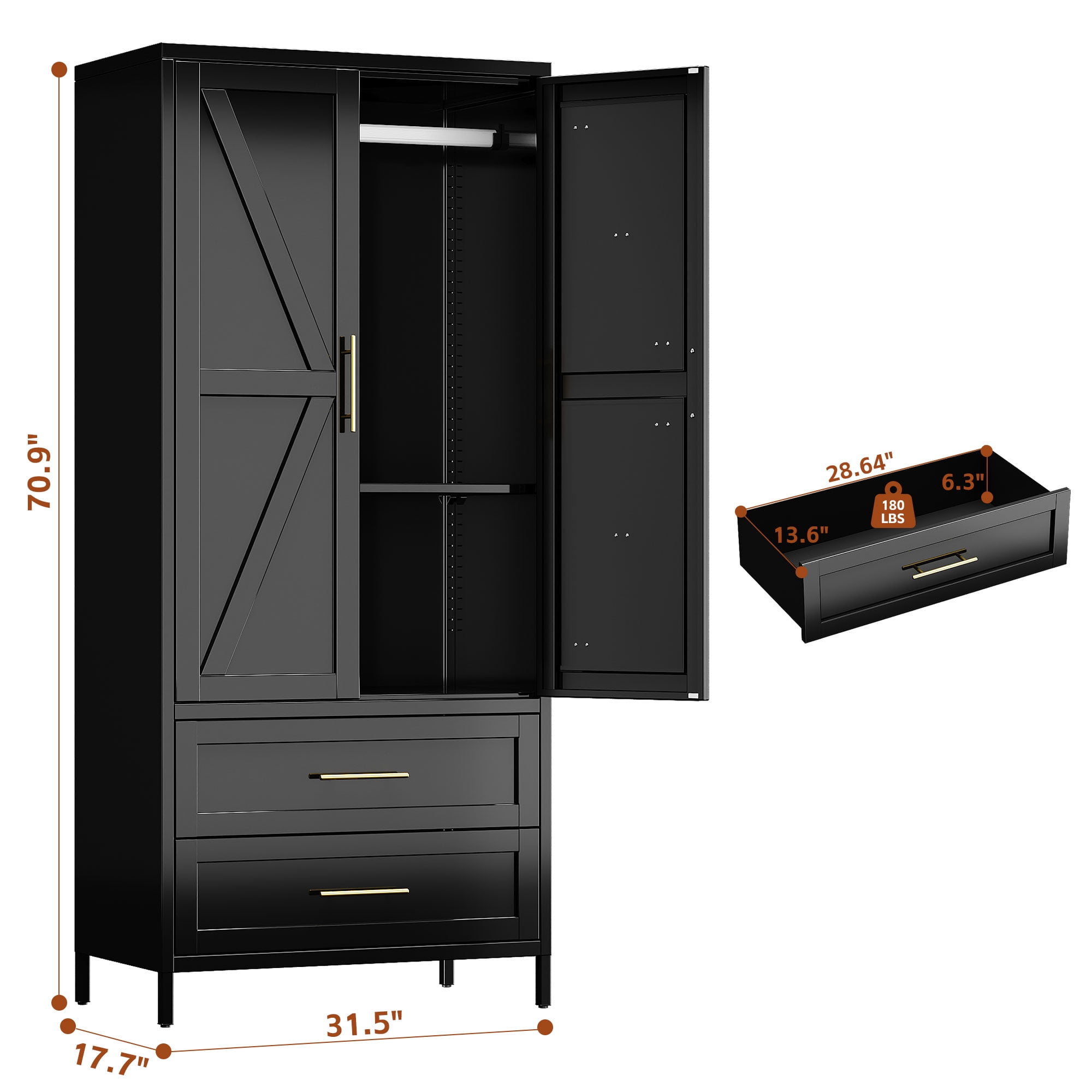 GangMei Metal Storage Cabinet Locker with 2 Drawers, Large Steel Cabinet with Hanger Rod and Adjustable Shelf for Living Room,Office,School,Gym,Garage,(Black)