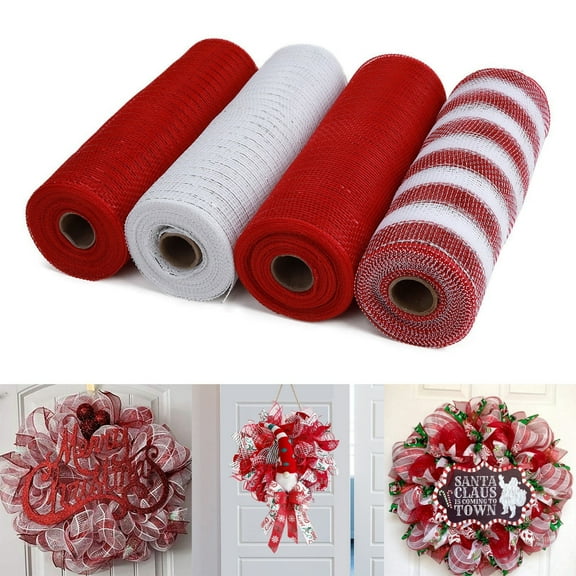 HomelyJoy 4 Rolls Red and White Deco Mesh, 10 Inch x 30 Feet Each Roll, Metallic Foil Poly Mesh Ribbon for Christmas Wreath Making, Winter New Year Wedding Door Decor Crafts