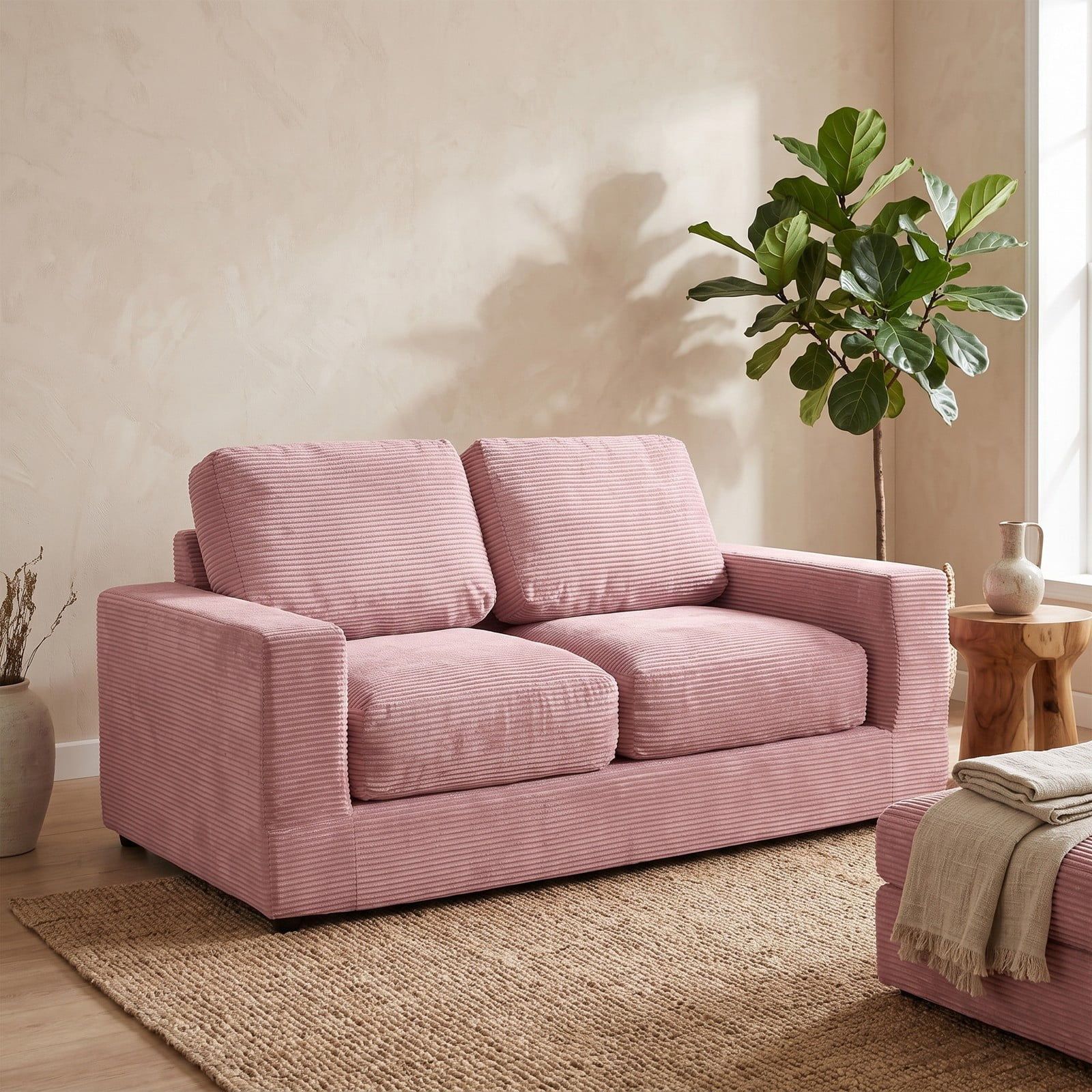 Furnibear 2-Seater Floor Couch Loveseat, Convertible Foam Sofa Lazy Couch with Removable Corduroy Cover, High-Density Sponge Filled Sofa Bed for Living Room, Pink