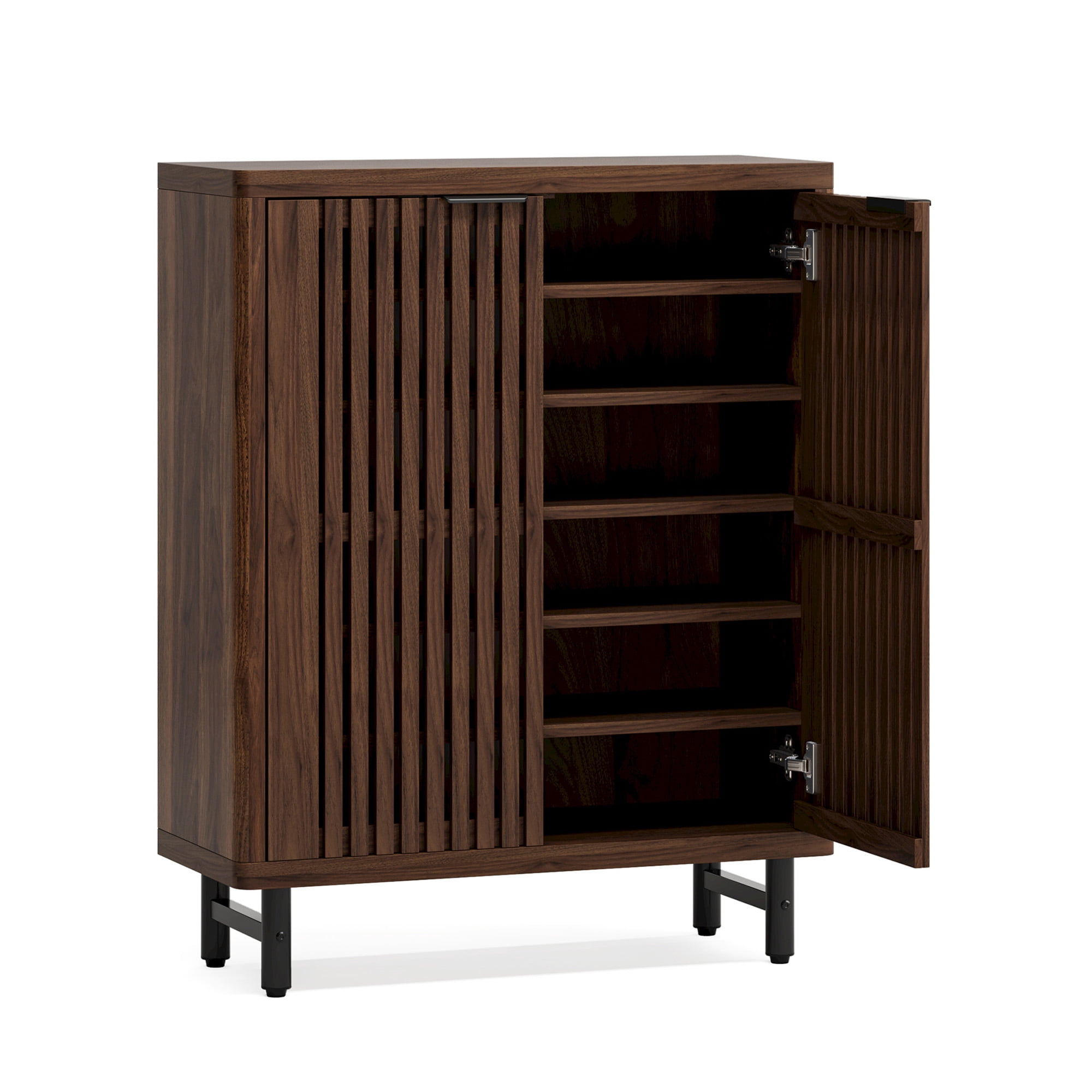 MAYEERTY Dark Walnut Breathable Louvered Shoe Cabinet, Ventilated Wooden Shoe Storage for Entryway