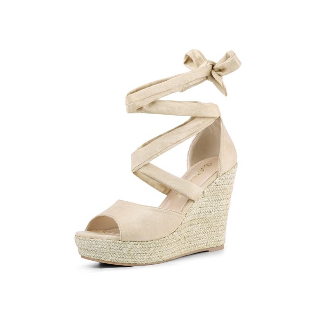 BLISSFUL STEP Chaussures pour Femmes Espadrilles à Lacets Sandales Compensées à Plateforme Beige 8,5