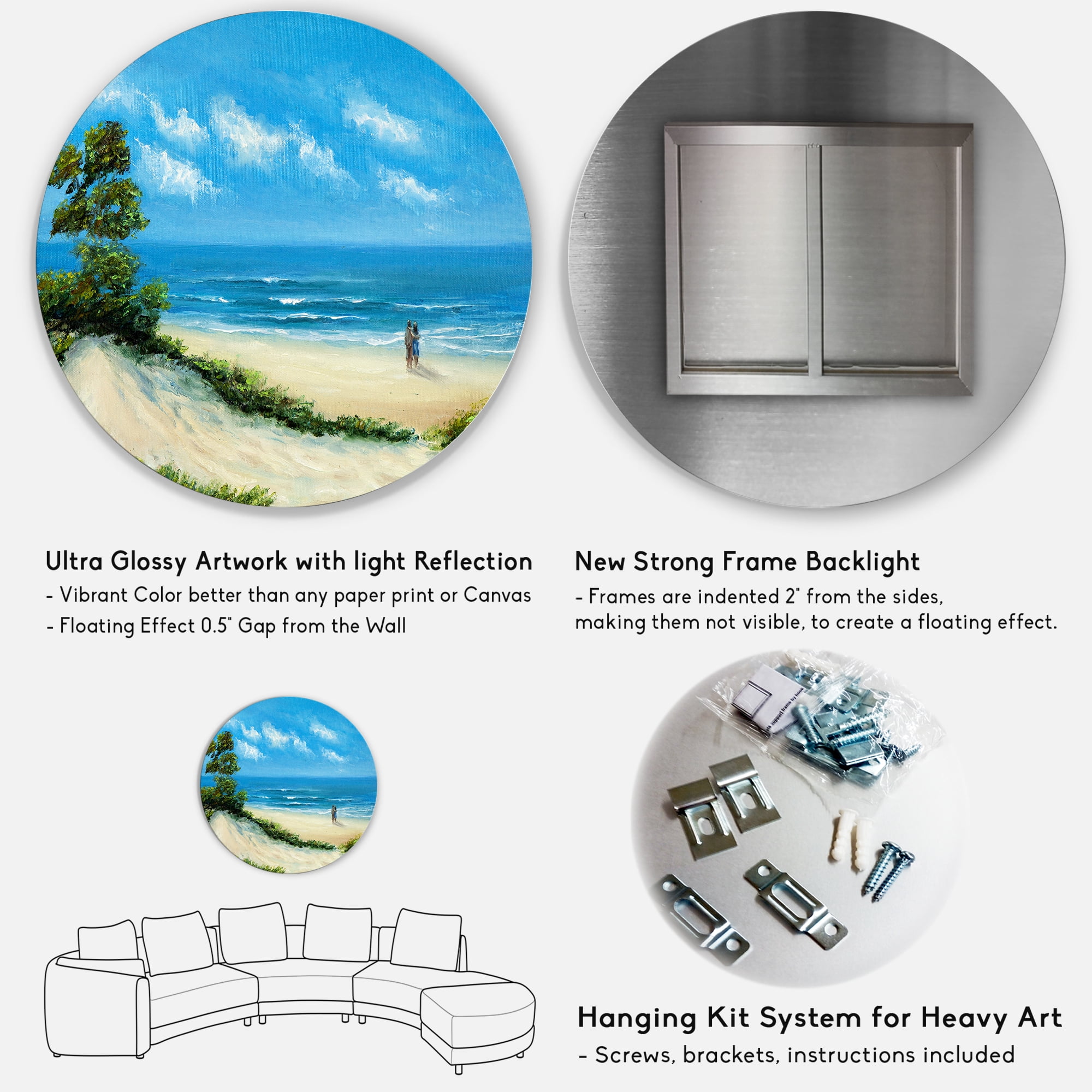 Designart 'Couple At The Beach In Sunlight' Nautical & Coastal Circle Metal Wall Art 36x36 - Disc of 36