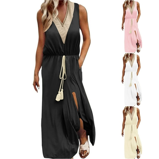Yuyuzo Boho Dresses for Women Sleeveless Lace V Neck Maxi Dress Drawstring Elastic Waist Split Flowy Long Dress