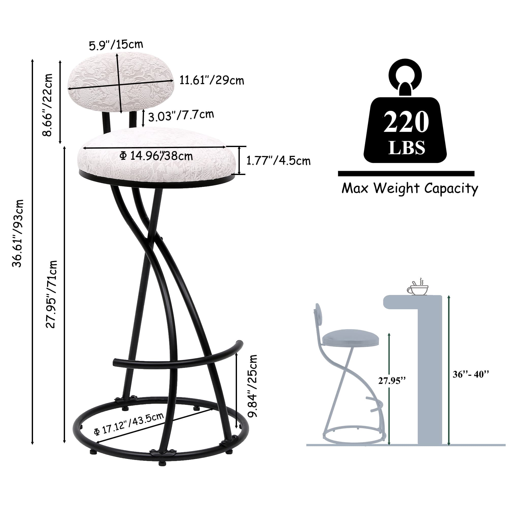 MAYEERTY Round Print Bar Stools Set of 2 - Black Metal Upholstered, Counter Stools for Kitchen/Dining (Black & White)