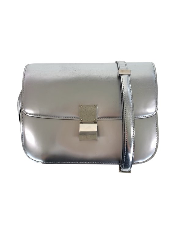 Pre-Owned CELINE Classic Box Medium Silver Leather Shoulder Bag/Pouch for Women