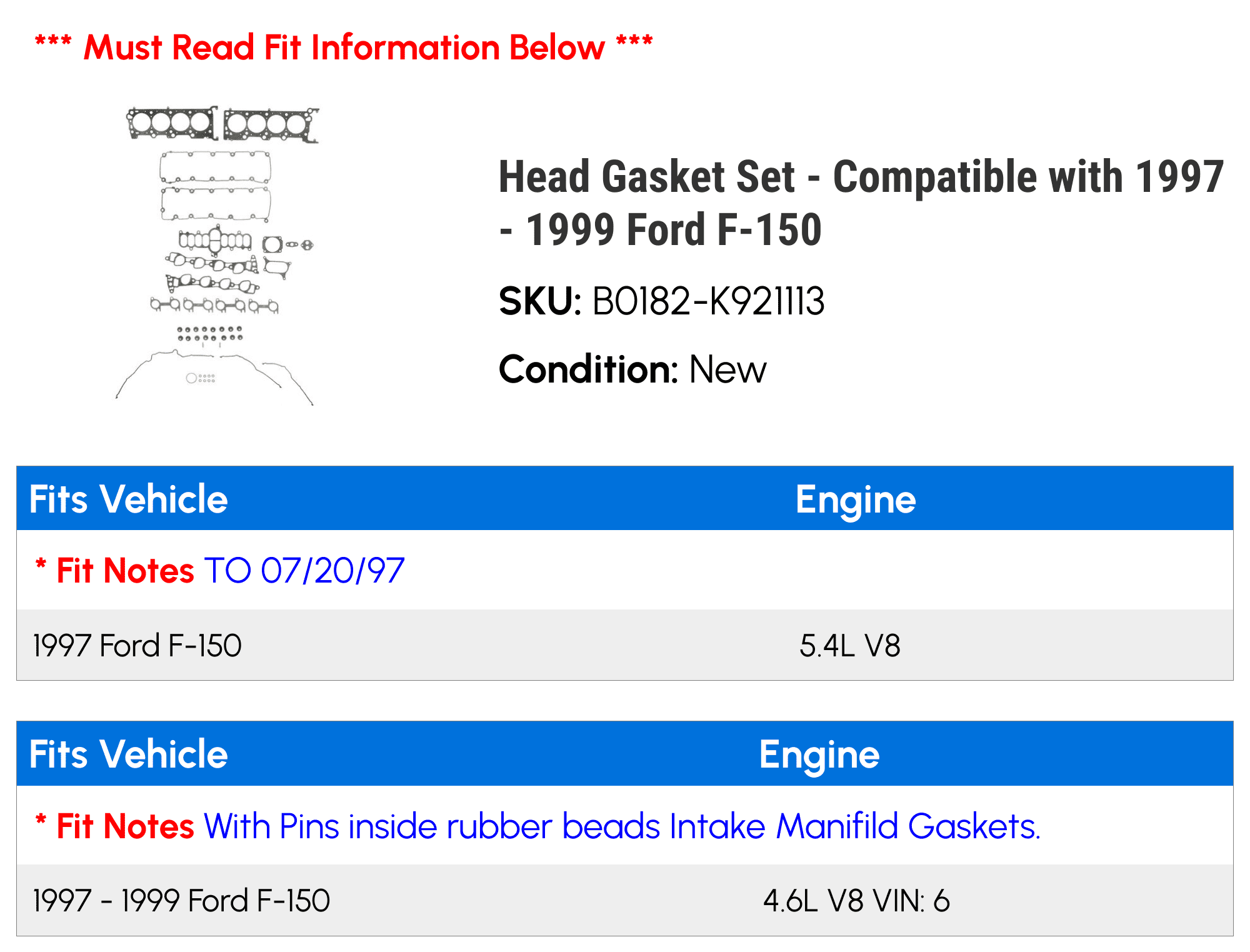 Head Gasket Set - Compatible with 1997 - 1999 Ford F-150 1998