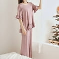 thumbnail image 2 of Clothing Cqxid525 cotton pajamas for women set Women's Pajama Set Layer Short Sleeve Top and Long Pants Two Piece Soft Sleepwear Purple 1PC, 2 of 4