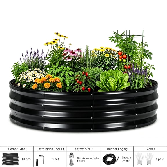 47.2in Round Black Metal Raised Garden Bed – 0.4mm Thick Galvanized Planter Box, Open Bottom for Vegetables Flowers Herbs Outdoor