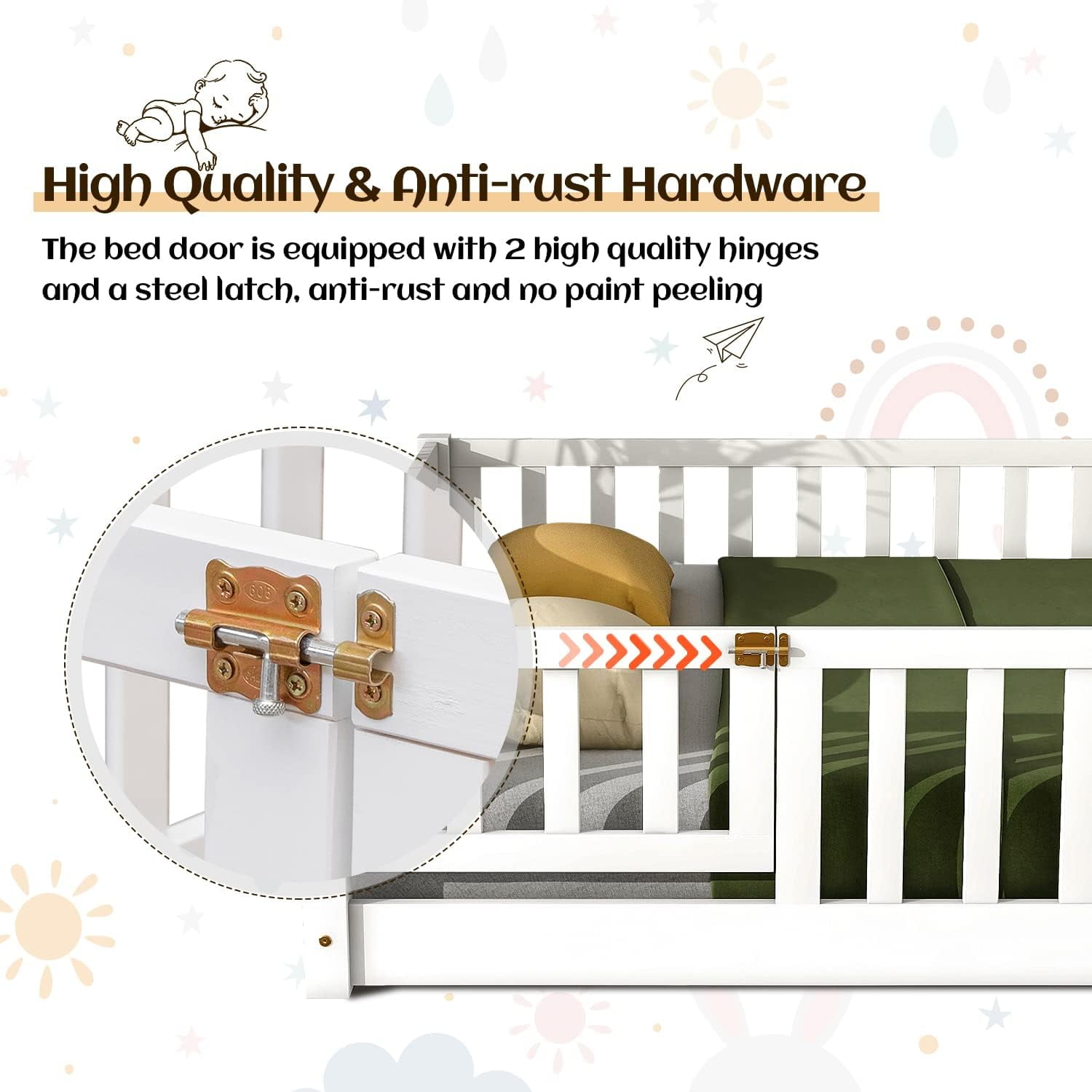 Twin Floor Bed Frame for Toddler, Montessori Floor Bed with Fence and Wood Slats, Low Wood Platform Beds for Girls Boys Kids Happy Time, White