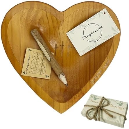 Heart Prayer Bowl with 30 Cards, Meaningful Gift for Friend, Handcrafted Wooden Bowl with Cross, Christian Decor, Religious Gift for Women, Mom, Dad, Daughter, or Husband, Perfect for Easter