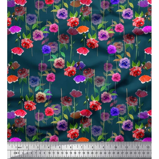 Soimoi Tissu Crêpe polyester Feuilles & Roses Imprimé Floral 1 Yard 52 Pouces de Large