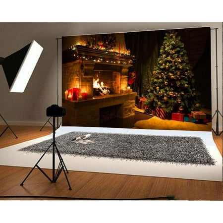 Image of HelloDecor 7x5ft Christmas Backdrop Decoration Tree Fireplace Gifts Box Candles Shining Lights Stocking Carpet Interior Photography Background Kids Children Adults Photo Studio Props