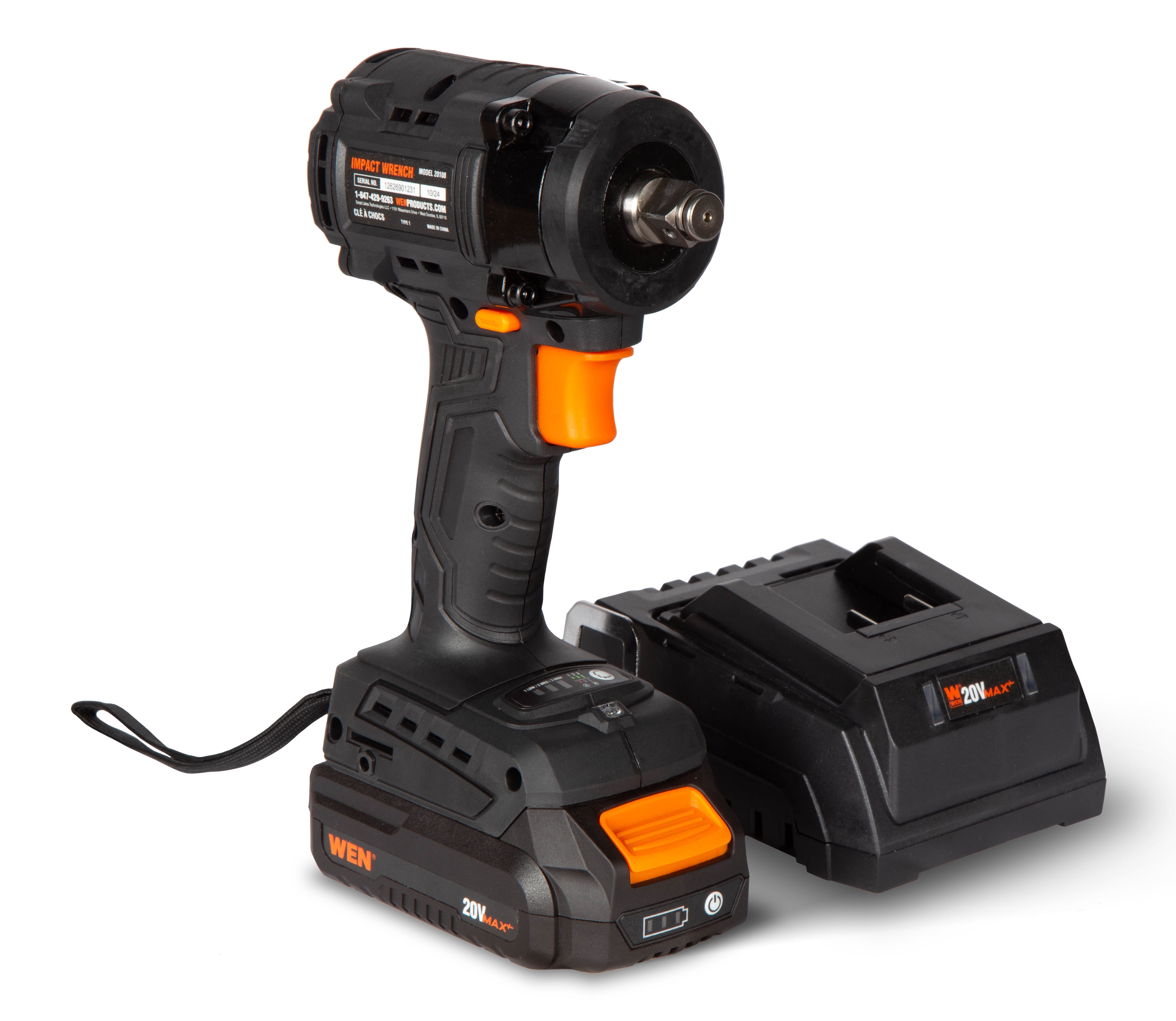 WEN 20V Max Brushless Cordless Compact 1/2-Inch Impact Wrench with SmartStop, 2.0 Ah Lithium-Ion Battery and Charger (20108)