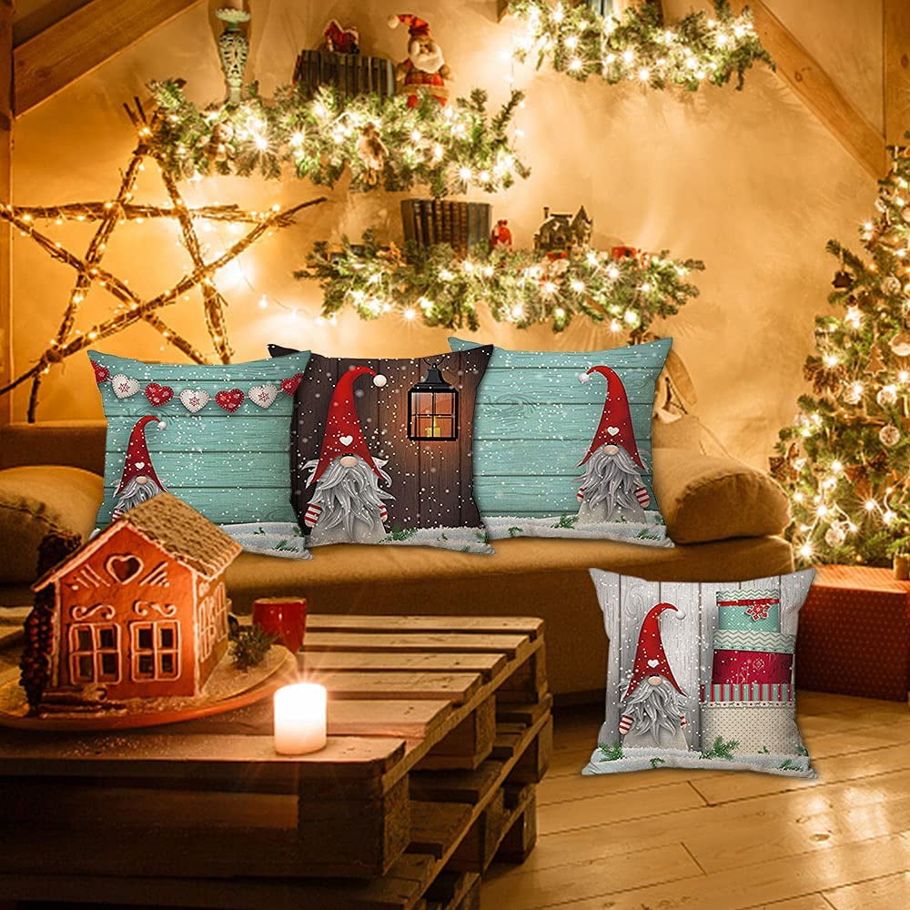 Christmas Gnome Pillow Covers 18 x 18 Set of 4 Christmas Decorations Swedish Tomte Throw Pillow Case for Indoor Home Office Couch Bedroom Car Winter Holiday Decor Gift Walmart