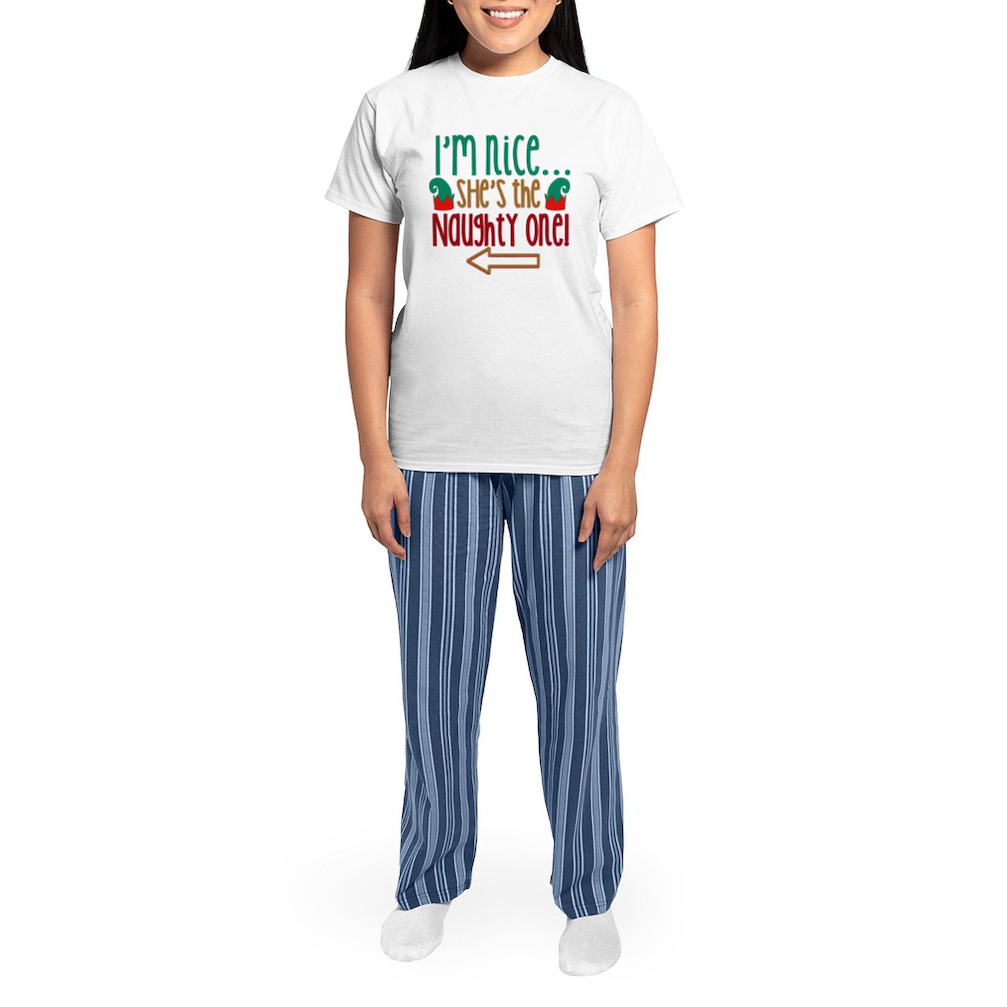 CafePress - Im Nice She's Naughty Elf Hat Women's Light Pajama - Women's Short Sleeve Print T-Shirt and Pants Light Cotton Pajama Set