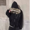 thumbnail image 2 of Silver Basic Trendy Faux Fur Hood Zip Up Hoodie Gothic Graphic Y2K Streetwear Oversized Jacket S,Black-1, 2 of 2