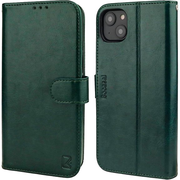 Wallet Case for iPhone 14 Plus, RFID Blocking Magnetic Flip Case with Card Slots Holder Kickstand Wrist Strap, PU Leather Folio Shockproof Protective Cover 6.7 Inch (Green)