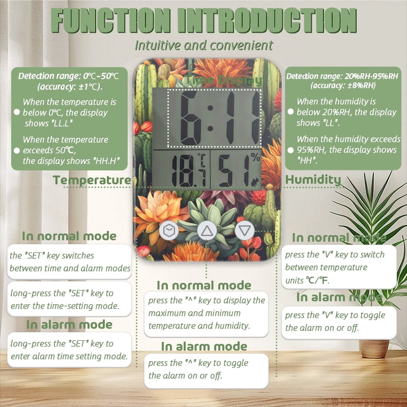 digital hygrometer indoor thermometer with High Accuracy Sensor LCD Display for Kitchen Baby Room Office-Seamless Pattern Of Colorful Cacti And Succulents