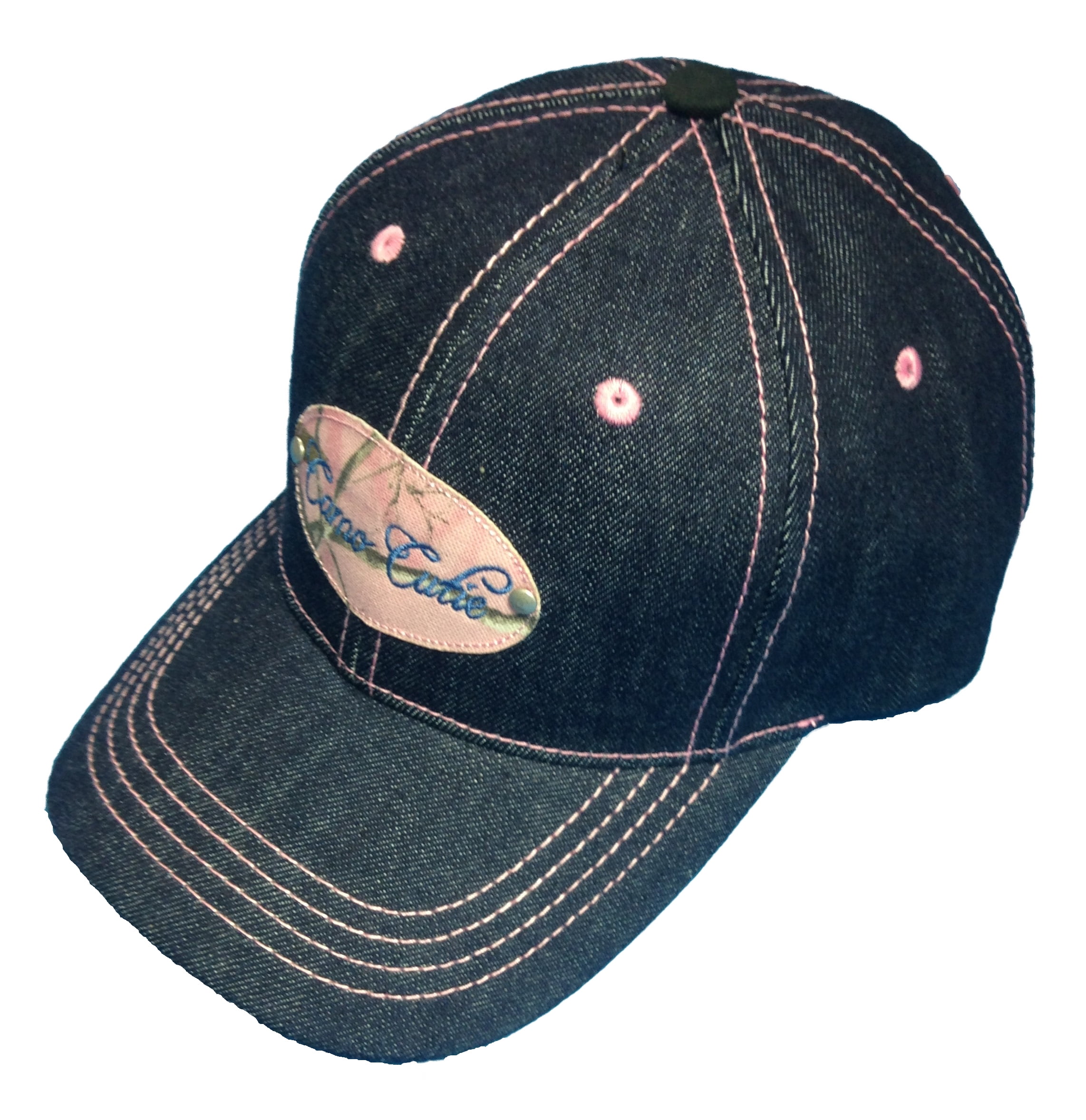Camo Cutie Cap Womens Blue Jean Denim Hat with Pink Camo Logo and Trim