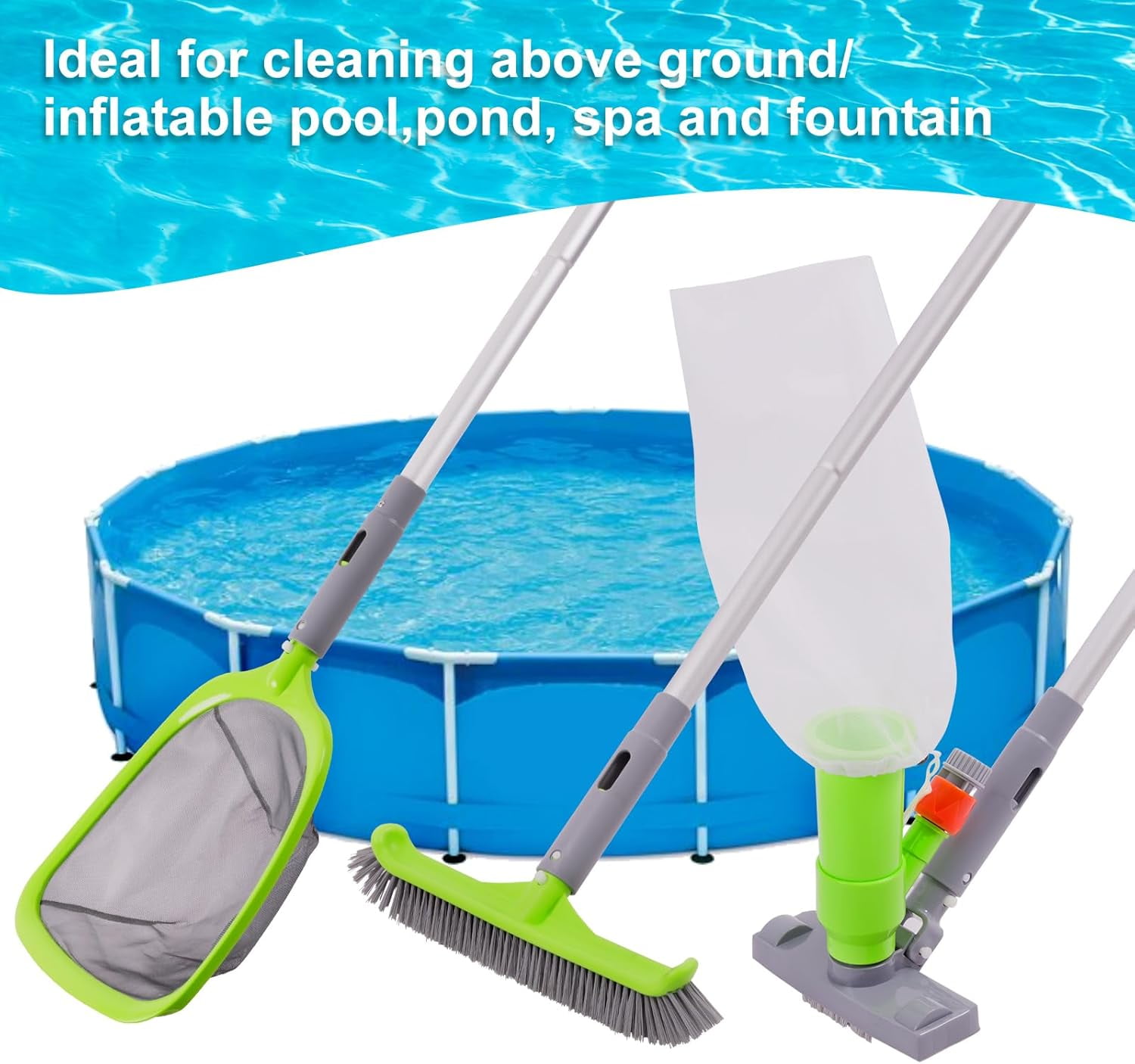 Gilysido Swimming Pool Cleaning Kit,Pool Brush and Skimmer Set with Pool Cleaning Brush and Skimmer Leaf Net and Aluminum Pole for Above Ground Pools(Blue,4 Pcs)