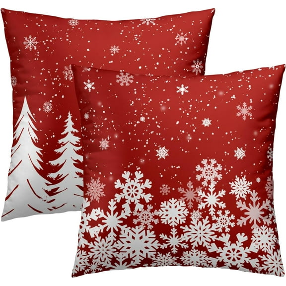 Christmas Throw Pillow Covers 16x16 Set of 2, Red White Xmas Trees and Snowflakes Farmhouse Decorative Pillow Cases Double Sided Printed Cushion Cover for Sofa Couch Home Decor