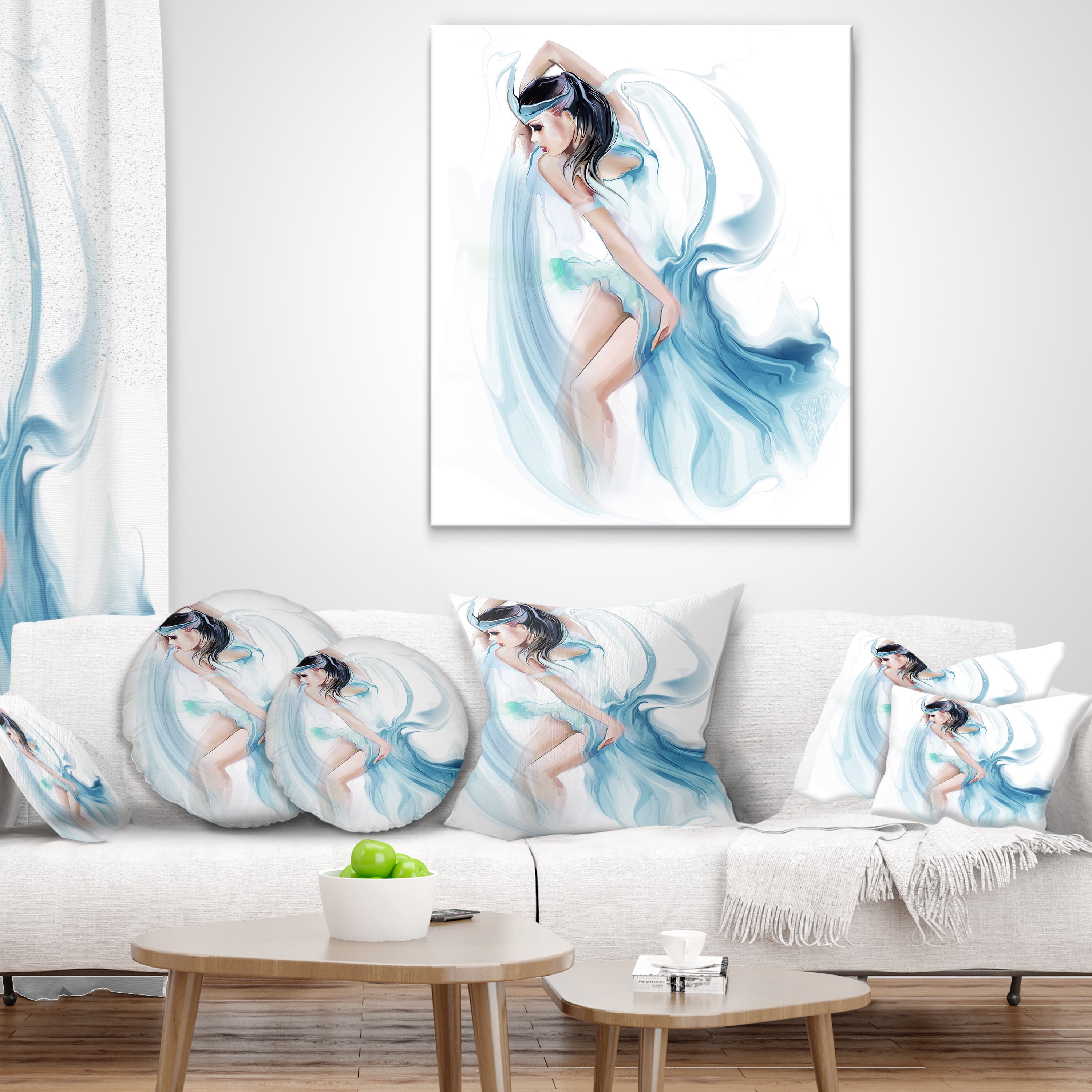 Designart Dancer Woman in Blue Dress - Digital Art Portrait Throw Pillow - 12x20