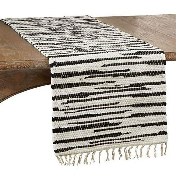 Fennco Styles Zebra Tasseled Chindi Design 100% Cotton Table Runner 16 x 72 Inch - Black & White Table Runner for Home Décor, Dining Table, Banquets and Special Occasion