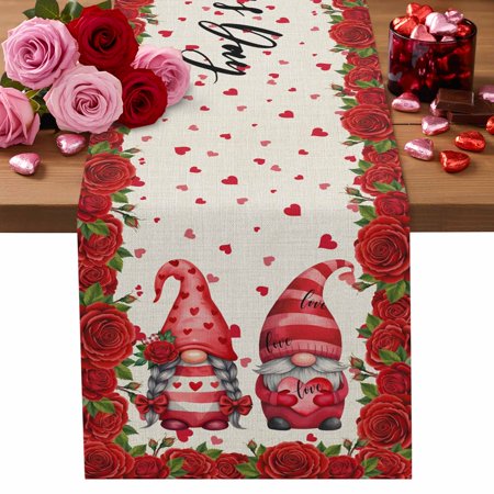 Valentine s Day Cotton Linen Table Runner Gnome Couple Romantic Love Heart Roses Floral Linen Texture Dining Table Runners for Home Decor Party Dining Room Restaurant Kitchen Party 13 x 108