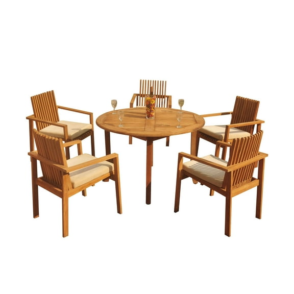 Grade-A Teak Dining Set: 5 Seater 6 Pc: 48" Round Table And 5 Clipper Stacking Arm Chairs Outdoor Patio WholesaleTeak #51CP1006