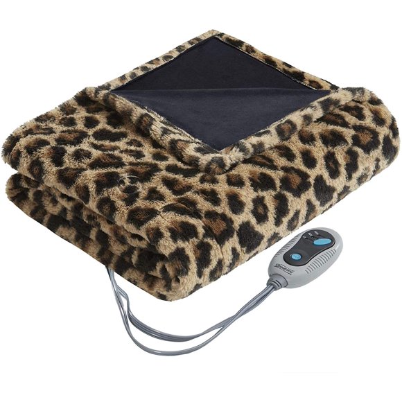 Beautyrest Brushed Long Fur Electric Throw Blanket, Ogee Pattern, 50 in x 60 in, Leopard, Heated Wrap