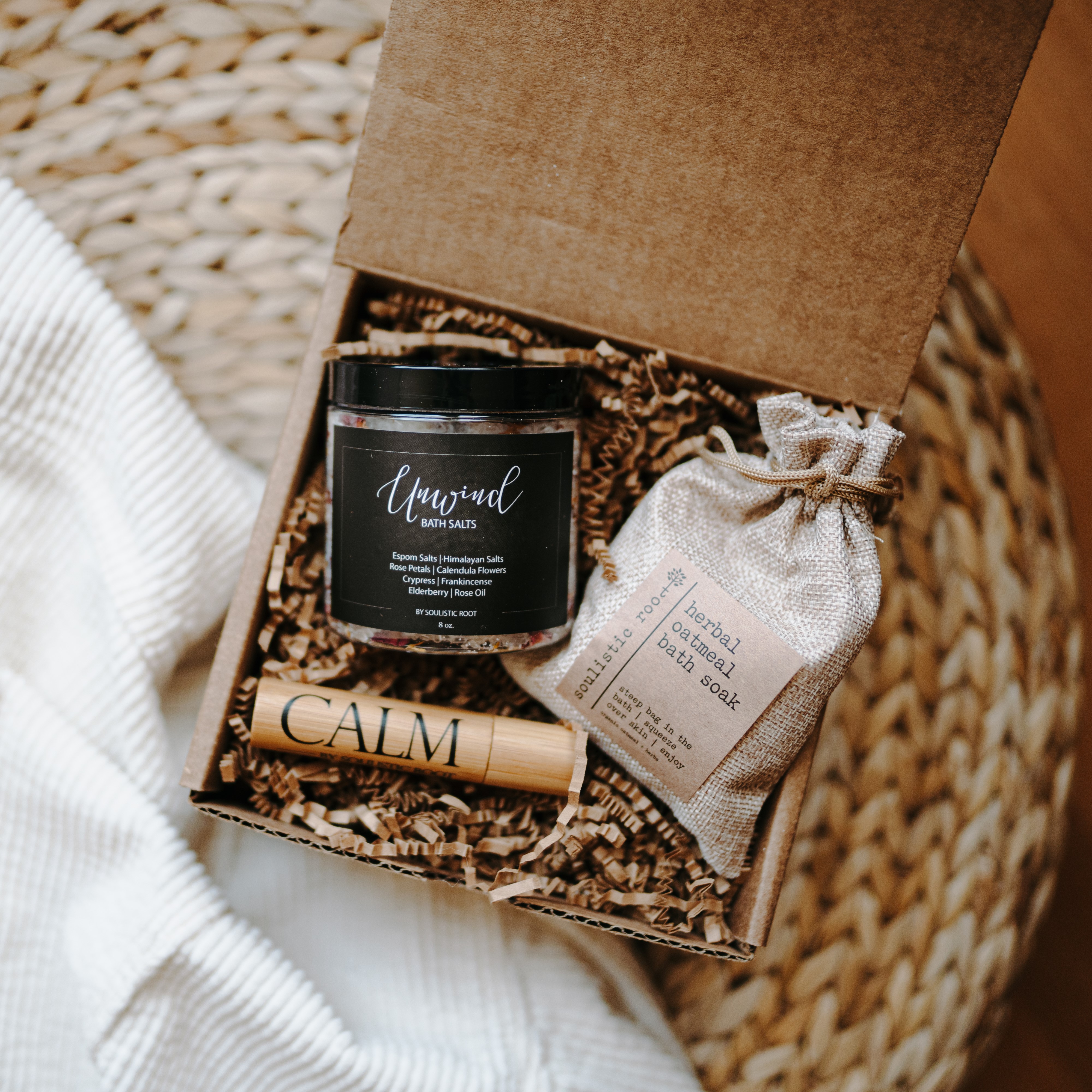 Soulistic Root Relaxing Bath Gift Set, Luxury Spa Gifts for Women, Self Care Products for Women and Men, Calm Essential Oil Roller, Oatmeal Lavender Bath Soak & Epsom Salts with Essential Oils