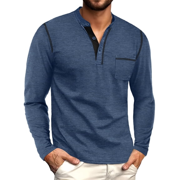 GIRUNS Men's Henley Shirts Long Sleeve Button T-Shirt Casual Stylish Cotton Pullover Shirt with Pocket Blue L