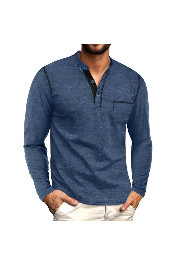 Men's Henley Shirts Long Sleeve Button T-Shirt Casual Stylish Cotton Pullover Shirt with Pocket Blue L