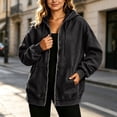 thumbnail image 3 of qafoshin Denim Jacket for Women Zipper Hooded Drawstring Denim Coat Oversized Long Sleeve Fall Trendy Outfits, 3 of 7