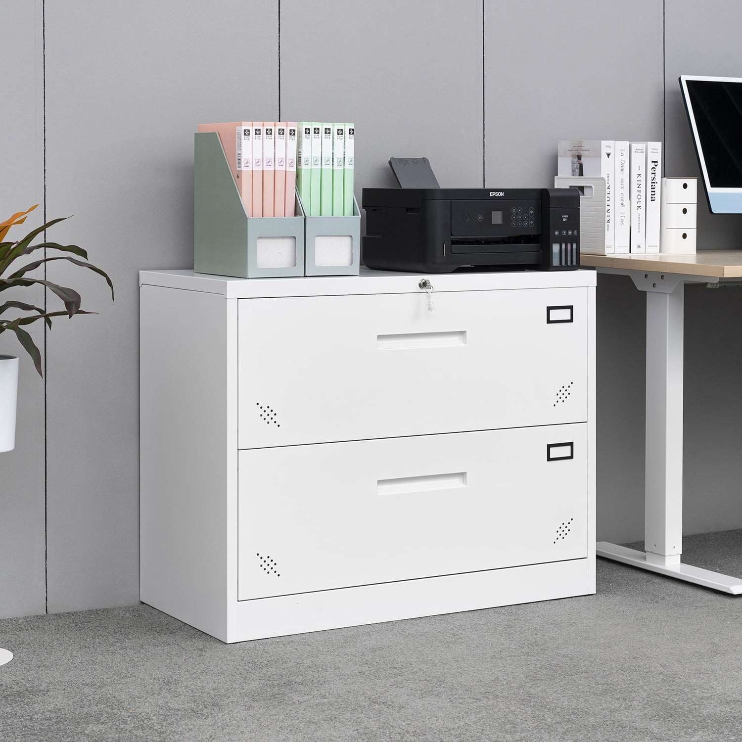 Kadyn Lateral File Storage Cabinet, 2 Drawer Filing Cabinet for Legal/Letter A4 Size, Steel Office Wide File Cabinet with Lock, White Kadyn Lateral File Storage Cabinet, 2 Drawer Filing Cabinet for Legal/Letter A4 Size, Steel Office Wide File Cabinet with Lock, White