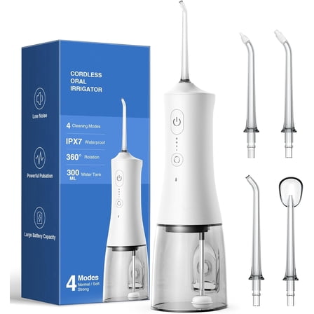 Water Flossers for Teeth, Cordless Portable Water Flossers for Adults Braces, IPX7 Waterproof with 4 Modes, 4 Professional Nozzles, 300ml Tank & 21 Days Runtime for Travel, White, 1Pack