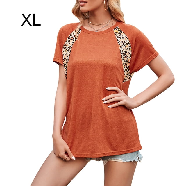 Camiseta de mujer con estampado de manga corta, cuello redondo, camiseta informal de verano, naranja, XL kenally AP001232-12
