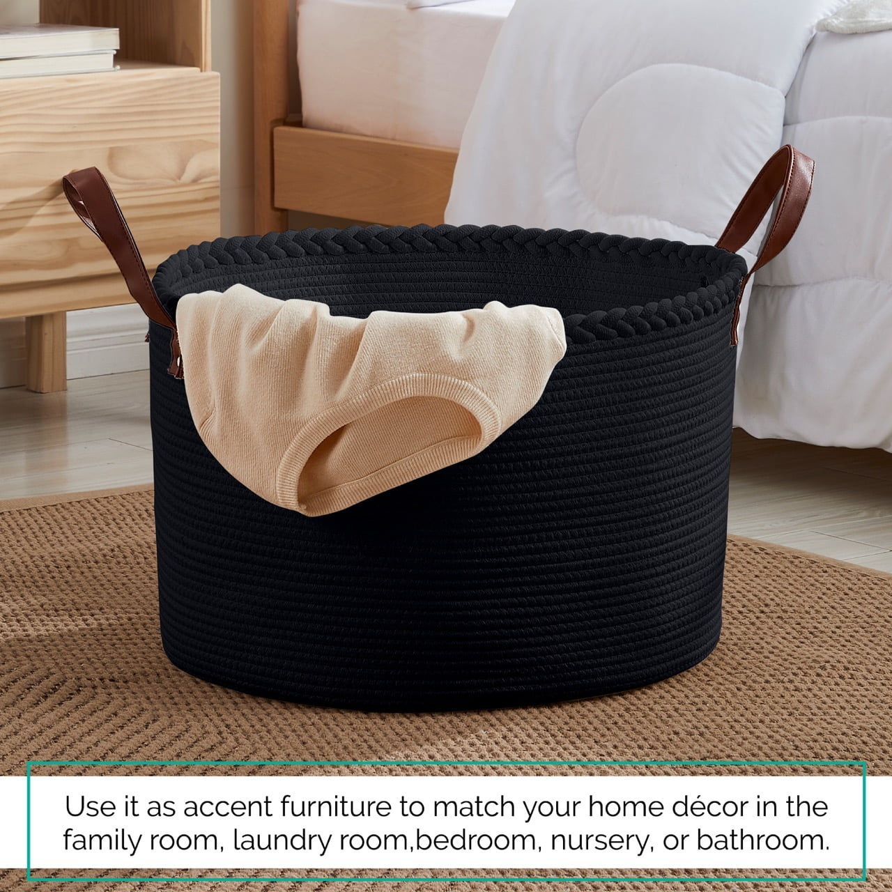 XLarge Round Cotton Rope Storage Basket Bin Organizer Laundry Hamper with Leather Handles, 21 x 21 x 14, Extra Large Blanket Woven Toy Basket for Baby Nursery - Black