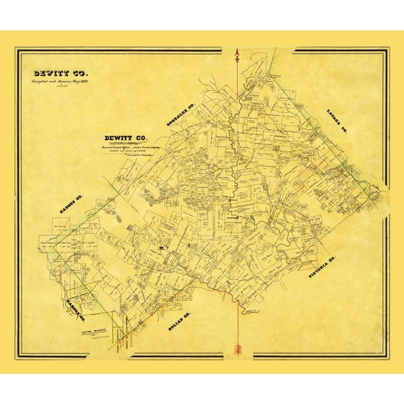 Historic County Map - Dewitt County Texas - Arlitt 1870 - 27.04 x 23 - Vintage Wall Art