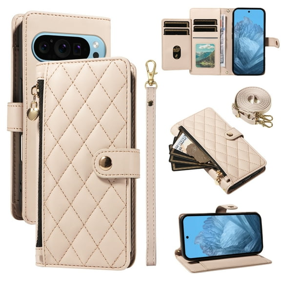 Wallet Lanyard Crossbody Strap Heavy Duty Case for Google Pixel 10 / 10 Pro with Cash Slots Card Holder Zipper Pocket Remium PU Leather TPU Full Body Protective Kickstand Rugged Phone Cover,Beige