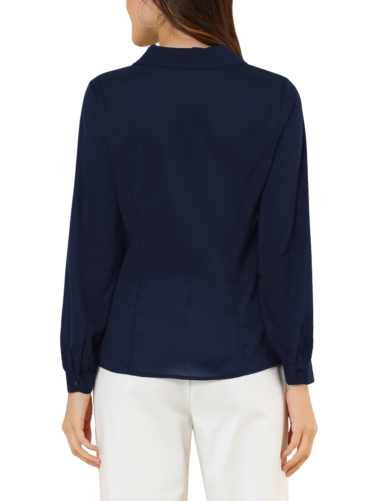 DARING DIVA Women's Peter Pan Collar Long Sleeve Work Office Shirt L Navy Blue