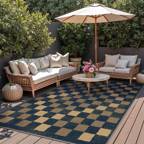 DEORAB Outdoor Rugs 8'X10' Chenille Patio Rug Three-Layer Material Imitation Silicone Spot Molding Camping Outside Rv Mat, Blue Black & Brown