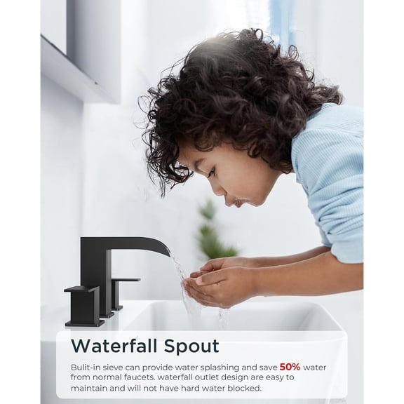 Square Matte Black Bathroom Faucets 3 Hole, 8 Inch Widespread Waterfall Bathroom Sink Faucet with Metal Pop-up Drain and Supply Lines, Two Handles for Vanity, Lavatory, Restroom, Commercial
