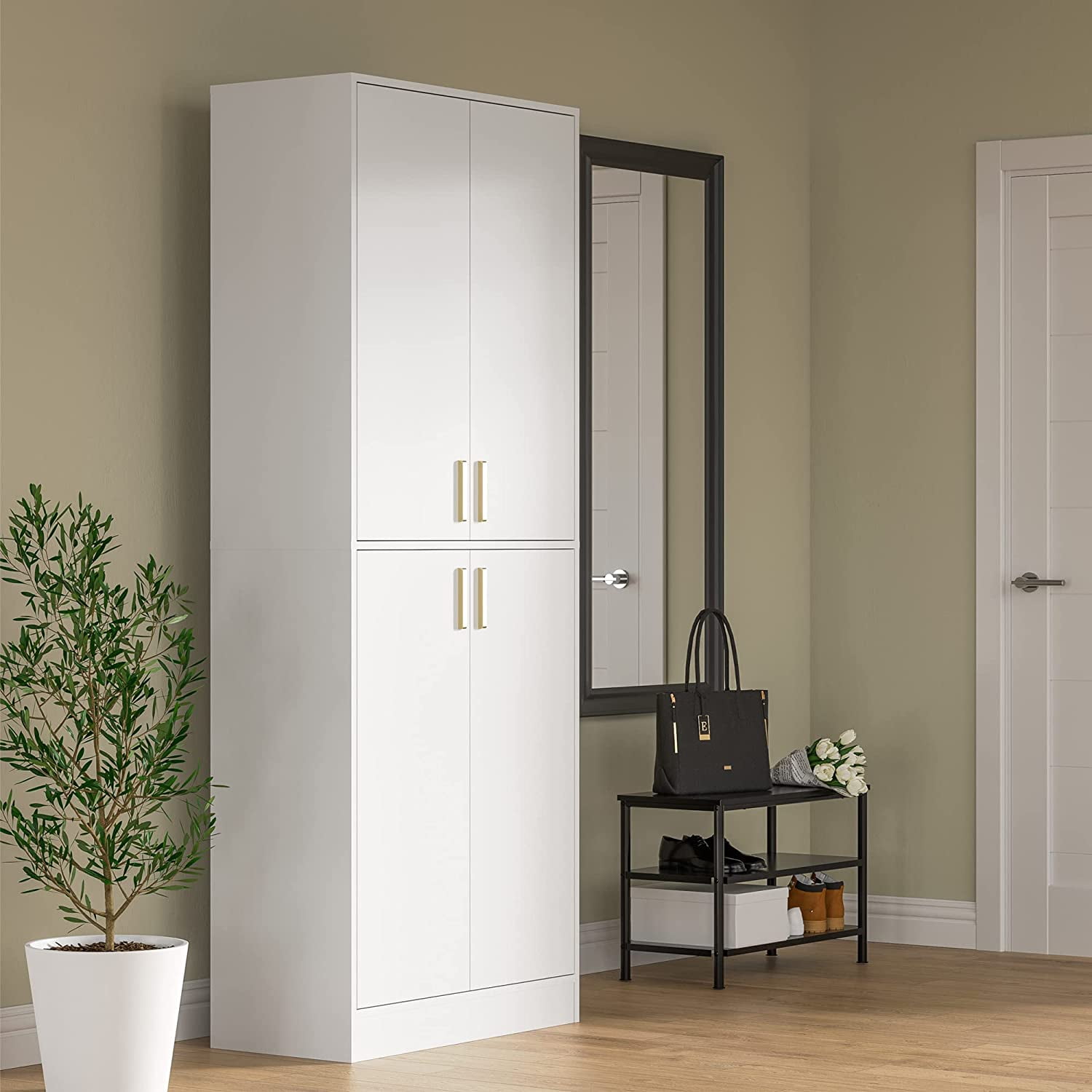 Cozy Castle 71" Tall White Kitchen Pantry, Freestanding Pantry Cabinet with Adjustable Shelves and Doors for Kitchen, Dining Room