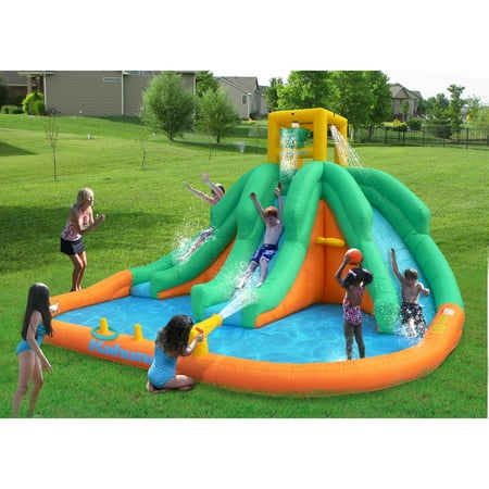 magic time adventure falls inflatable water park with 2 slides and basketball hoop
