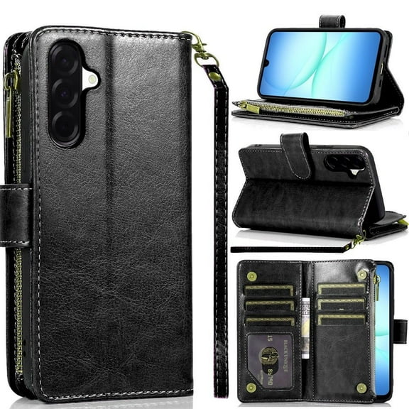 TJS for Samsung Galaxy A17 5G Phone Case, Luxury Wallet Card ID Zipper Money Holder Cover for Galaxy A17 5G (Black)