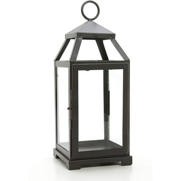 Hosley 14 Inch High Large Clear Glass Iron Classic Style Lantern Elegant Candle Holder for Home Decor Vintage-Inspired Centerpiece with Stylish Iron Frame Indoor/Outdoor Lighting Accent Timeless