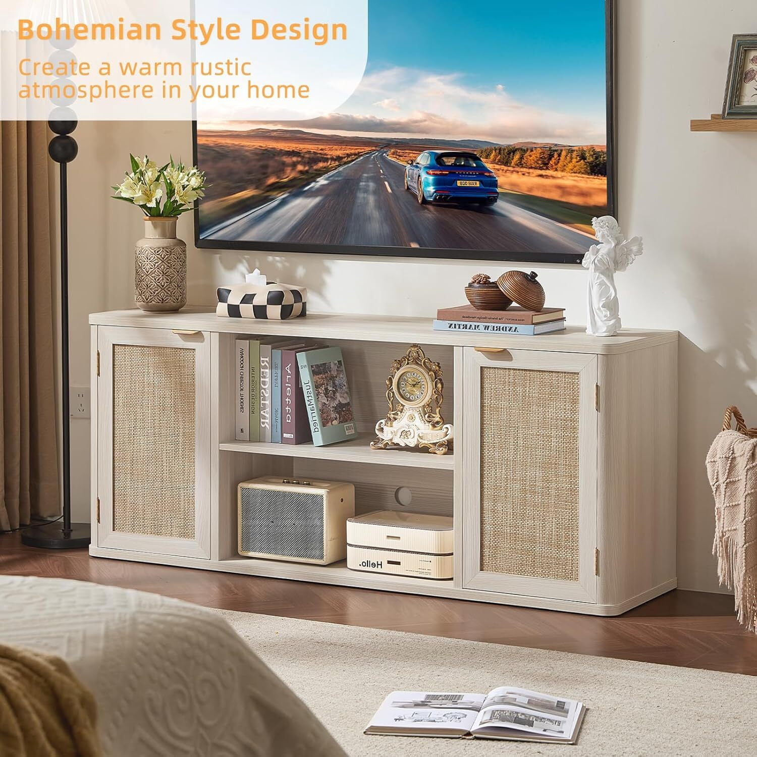 LEYAOYAO Rattan TV Stand for Tvs up to 65 inch, Wood Media Console for Living Room, Grey Oak