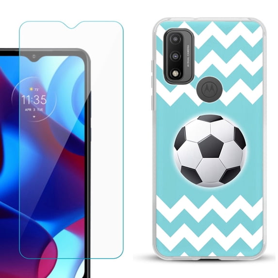 Slim-Fit Gel TPU Phone Case for Motorola Moto G Pure, with Tempered Glass Screen Protector, by OneToughShield ® - Chevron/Soccer